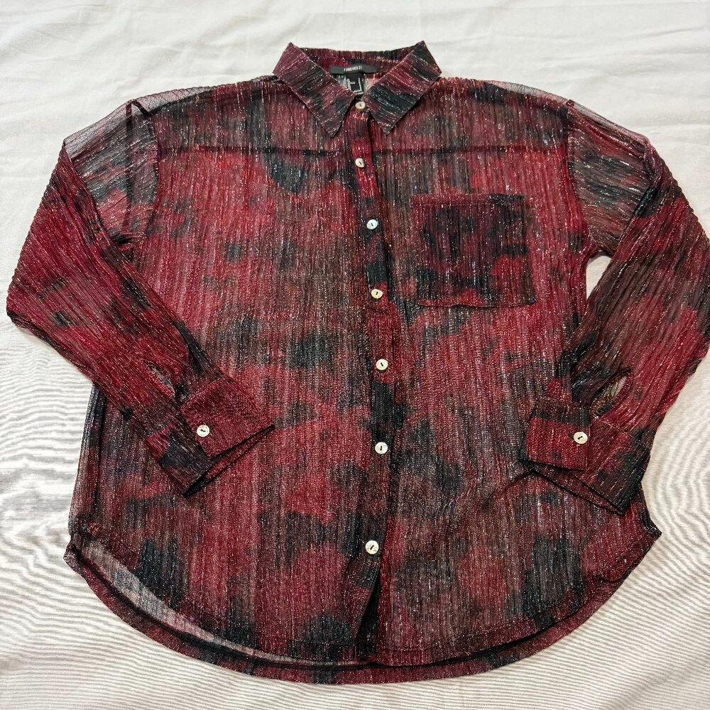 Forever 21 Sheer Metallic Shimmer Button-Up Blouse Red/Black | Size S